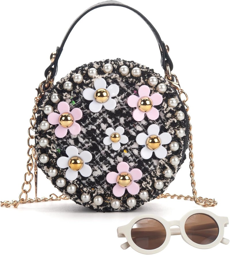 LABJULY Kids Purse for Girls Age 1-14, Flower Purse for Kids, Black Toddler Wallet with Round Glasses, Cute Girls Handbag, Toddler Crossbody Bag Gift for Christmas - Image 1